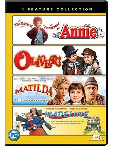 DVD cover with four stacked movie posters: Annie, Oliver!, Matilda, and Madeline.