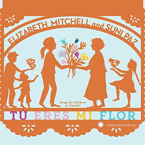 "Album cover with orange silhouettes of children and adults exchanging flowers and birds."