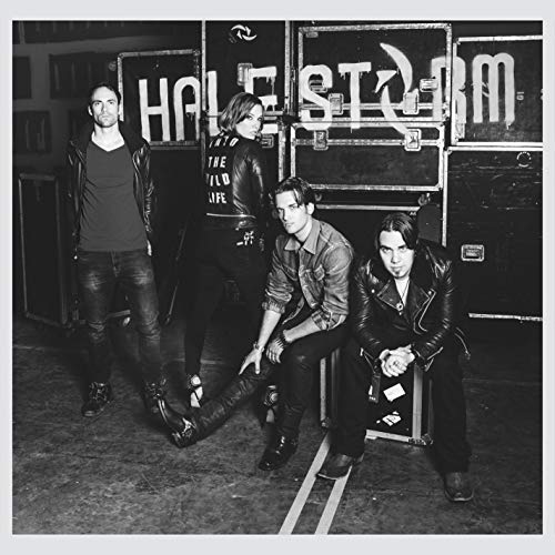 "Black and white album cover featuring Halestorm band members posing in leather jackets."