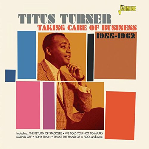 "CD cover with Titus Turner portrait, colorful rectangles, and song titles on beige background."