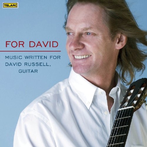 Album cover featuring David Russell holding a guitar, smiling, against a blue background.