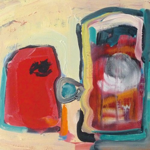 The image depicts an abstract painting with red and multicolored shapes. For accessibility purposes, a suitable alt text could be: "Abstract painting with red and multicolored shapes and figures."