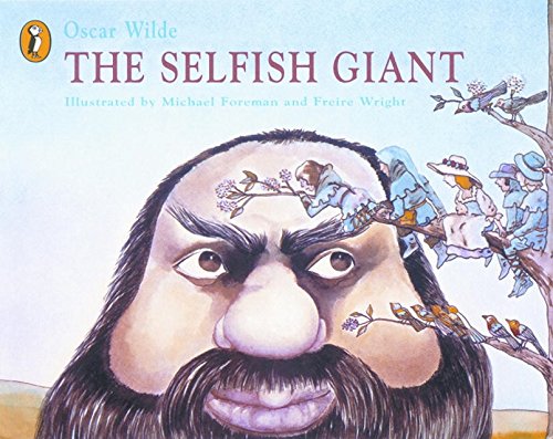 "Book cover featuring a giant's face with birds and children on a nearby tree."