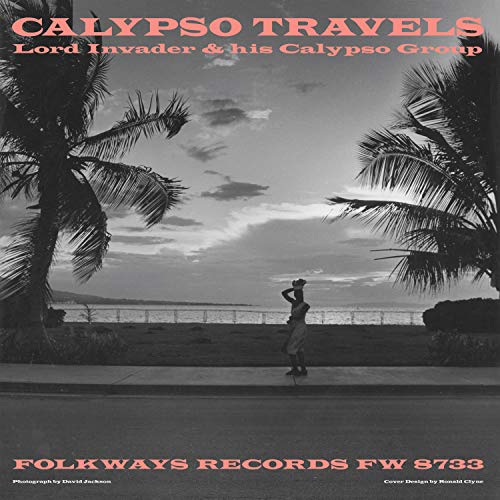 Black and white vinyl album cover with a man walking between two palm trees.
