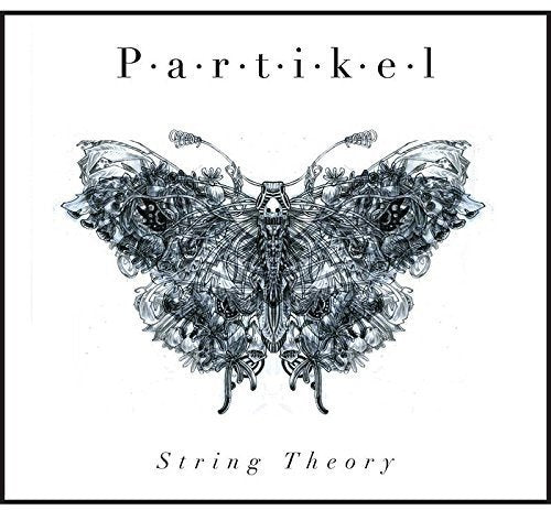 The image is a CD cover for "Partikel - String Theory". The alt text is: "White album cover with intricate black butterfly illustration and text."