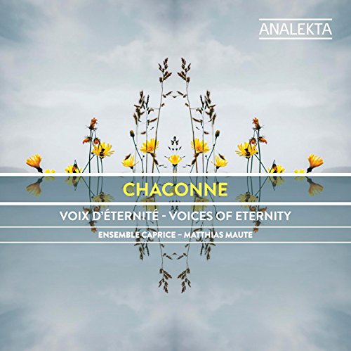 "CD cover with yellow flowers and text 'Chaconne' against a cloudy sky background."