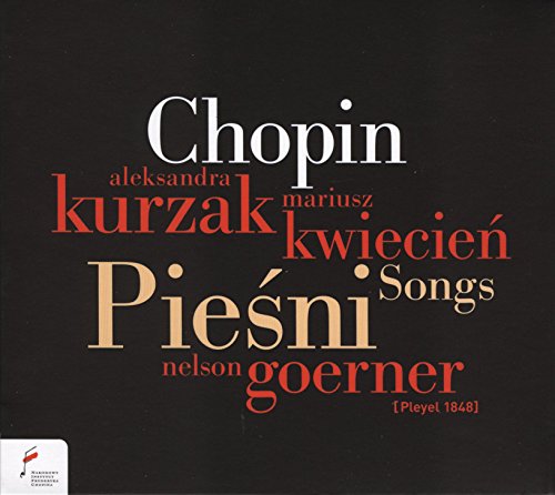 "Black album cover with typographic layout featuring 'Chopin', 'Pieśni', and artist names in varied colors."