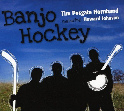 "Album cover with silhouetted men holding hockey sticks against a blue sky."