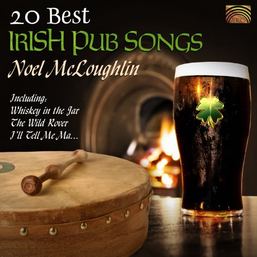 "CD cover featuring a beer glass, drum, and fireplace, with Irish pub song titles."