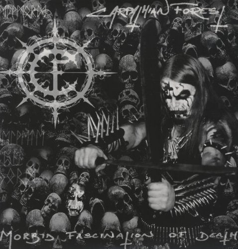 Black and white album cover with skulls, a man with a painted face, and a knife.