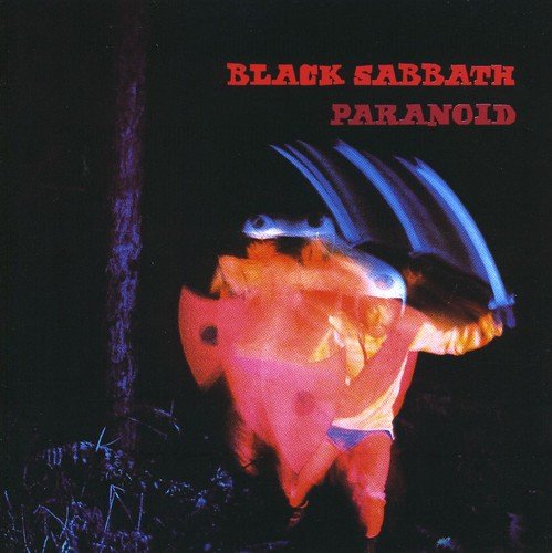 "Black Sabbath's 'Paranoid' album cover featuring a person with an umbrella in the dark."
