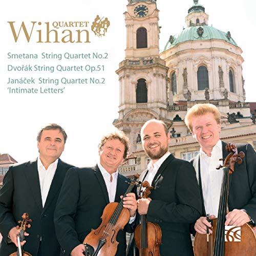 "CD cover featuring the Wihan Quartet musicians in front of a large building."