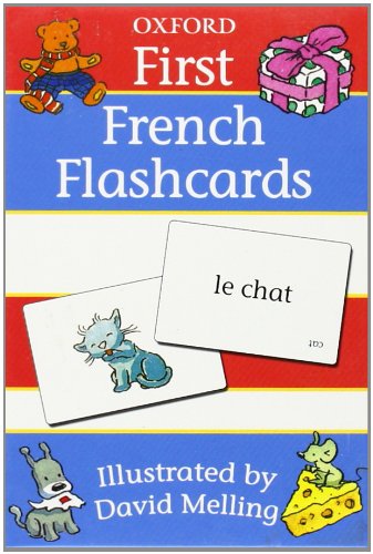 "Oxford First French Flashcards" book cover featuring cartoon animals and French vocabulary cards.