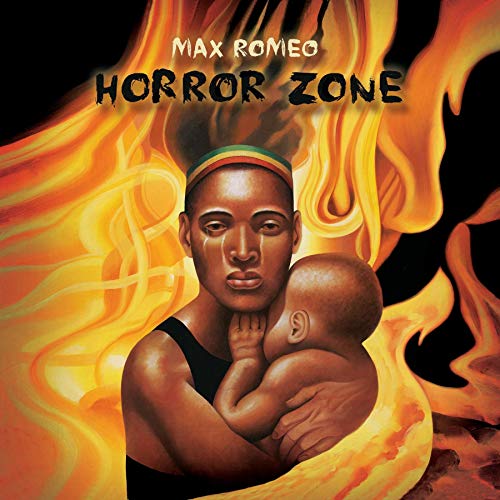 Vinyl album cover with a man holding a baby amidst flames.