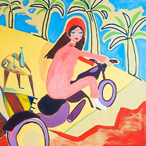 Album cover with illustration of a woman riding a bicycle, surrounded by palm trees.