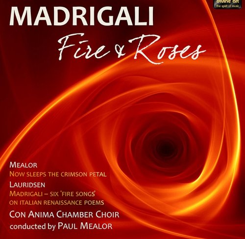 Red album cover with swirling orange design, white and orange text, "Madrigali Fire & Roses".