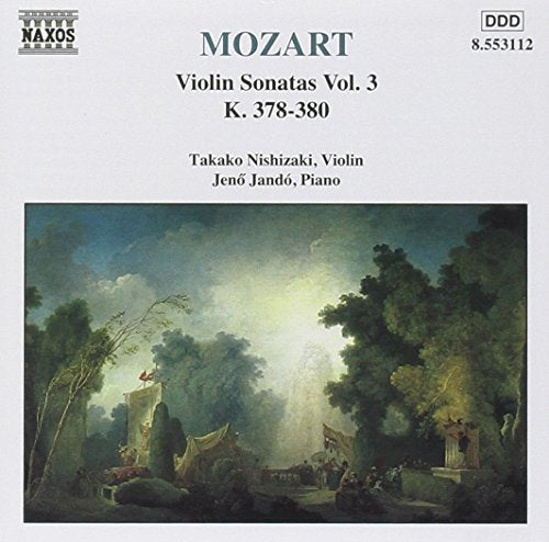 A CD cover featuring a serene forest painting with text describing Mozart's violin sonatas.