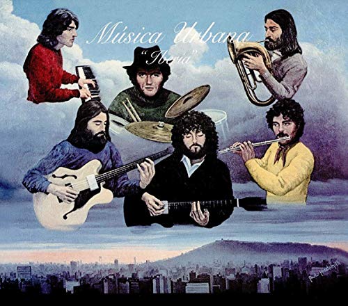 "Album cover with five men playing instruments, floating above a cityscape."