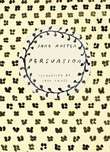 "Book cover with floral pattern, featuring title 'Persuasion' by Jane Austen in a circular frame."