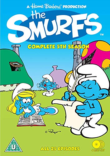 "Smurfs DVD cover featuring cartoon characters, blue creatures, and colorful mushroom houses."