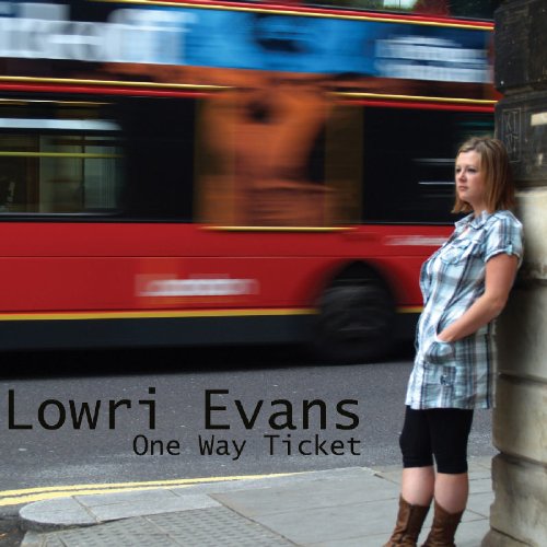 "Album cover with a woman standing by a road with a blurred red bus."