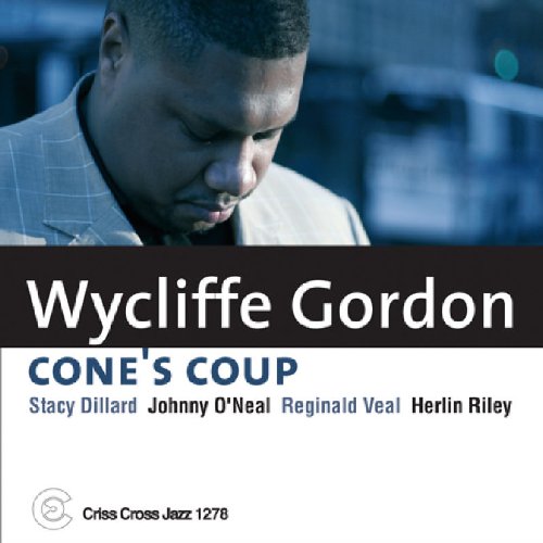 The image is a CD cover for Wycliffe Gordon's album "Cone's Coup". The alt text is: "CD cover with a man in a suit, Wycliffe Gordon's name, and album title."