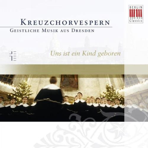 "CD cover with choirboys and conductor, Christmas trees, and German text on white background."