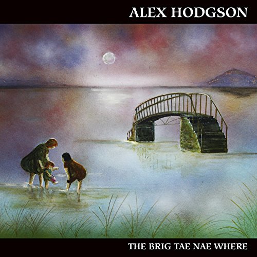 "Album cover with watercolor painting of a bridge and people in shallow water."