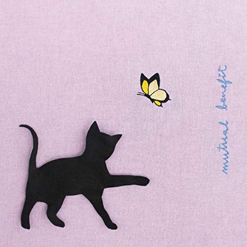 Black cat silhouette reaching for a yellow butterfly on a pink background.