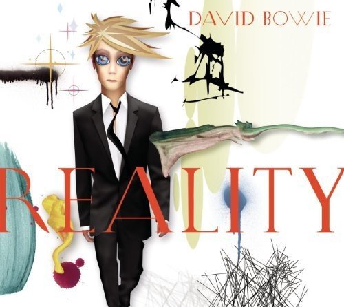 David Bowie's "Reality" vinyl album cover featuring an animated man in a black suit.