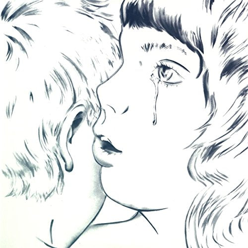"Black and white illustration of two faces kissing, one crying, on a vinyl record cover."