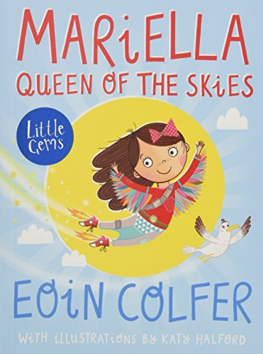 The image depicts a cartoon girl flying with birds against a blue sky.