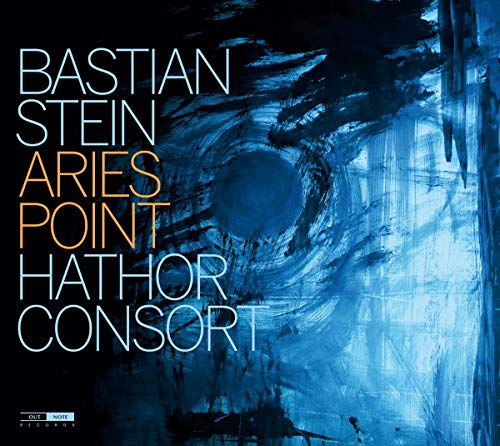 "Album cover with abstract blue artwork and white and yellow text on black background."