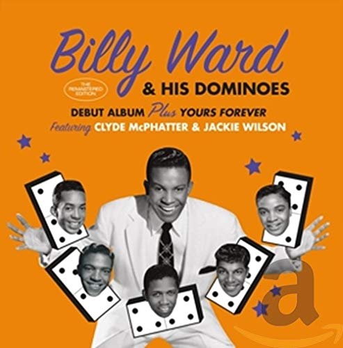 "CD cover featuring Billy Ward surrounded by dominoes with band members' faces on an orange background."