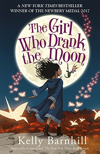 Book cover featuring a girl in blue dress with a dragon and full moon.