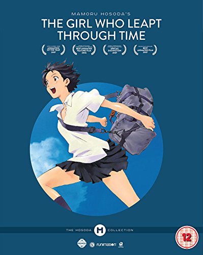Anime Blu-ray cover featuring a girl in a school uniform leaping with a backpack.