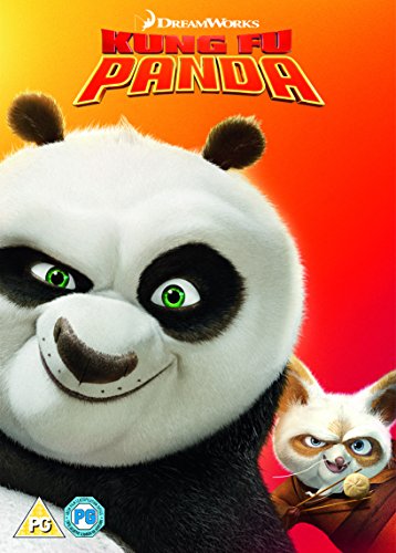 "Kung Fu Panda DVD cover featuring a panda and a cat against a red background."