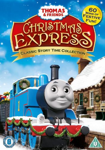 "Thomas the Train on a snowy day, decorated for Christmas, on a DVD cover."