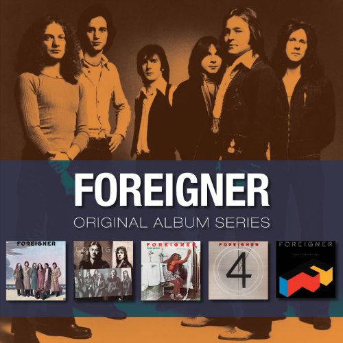"Foreigner band members on sepia-toned album cover with five album artwork images below."
