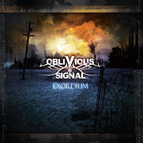 The image depicts a dark, post-apocalyptic scene with a CD album cover. For accessibility purposes, a suitable alt text could be: "Dark album cover with 'Oblivious Signal Exordium' text and industrial explosion."