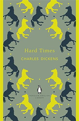 "Book cover of 'Hard Times' by Charles Dickens, featuring silhouetted horses on a green background."