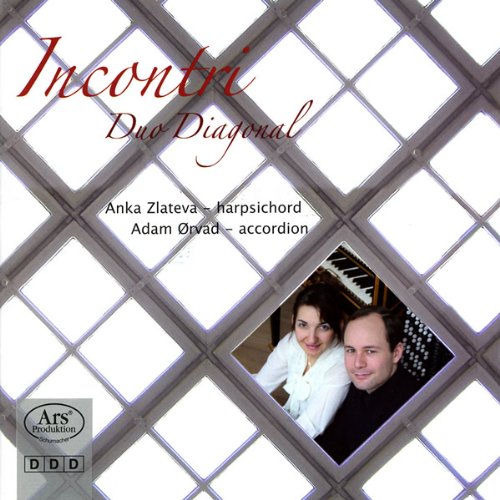 CD cover with duo photo and red title "Incontri" on a diamond-patterned background.