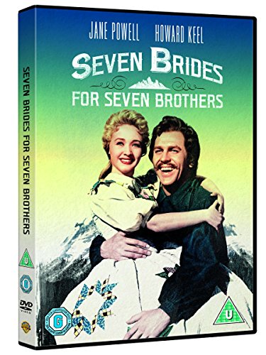 "DVD case for 'Seven Brides for Seven Brothers' with man carrying a woman."