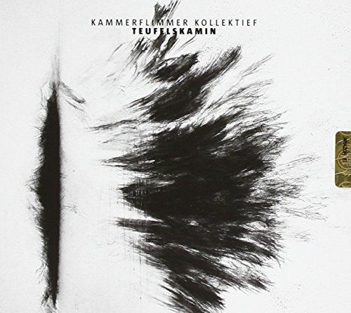 "Album cover with white background, black brush strokes, and gold sticker on the right edge."