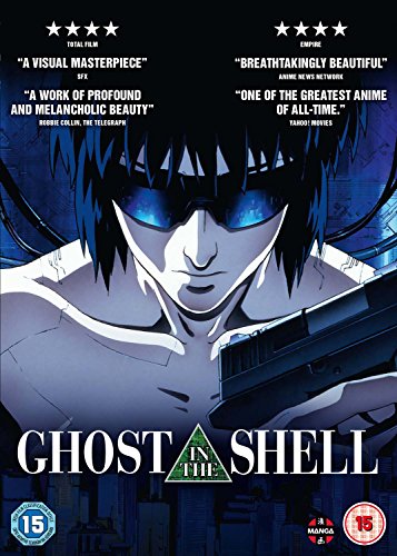DVD cover for "Ghost In The Shell" featuring a character with blue eyes and gun.