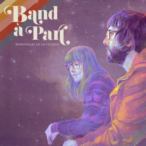 "Album cover with man and woman in space, purple and orange hues."