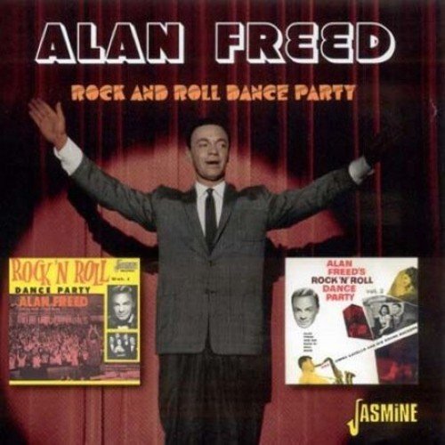 "Album cover featuring Alan Freed in a suit, with two smaller album covers."