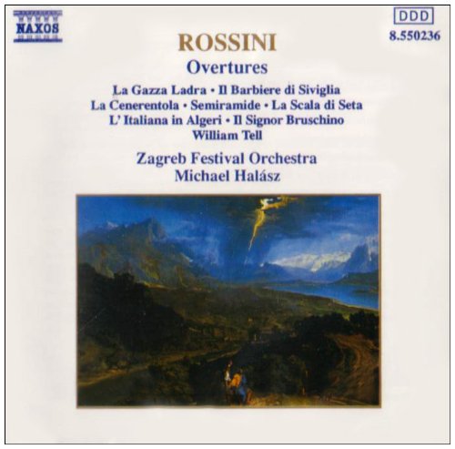 Rossini overtures CD cover featuring a landscape painting with mountains and a cloudy sky.