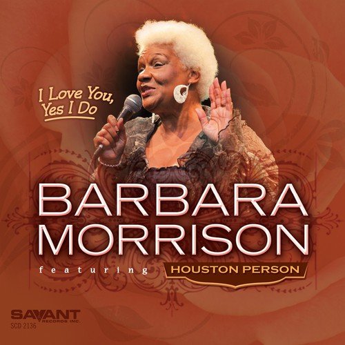 Album cover with Barbara Morrison holding a microphone, reddish-brown background, ornate designs.