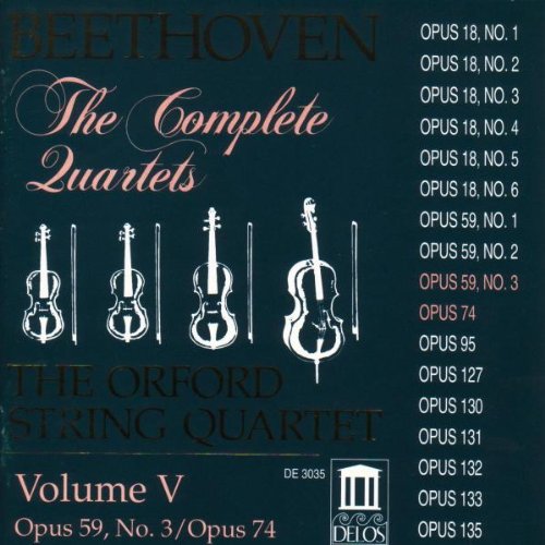 "CD cover with dark blue background, white violins, and Beethoven's quartet information."